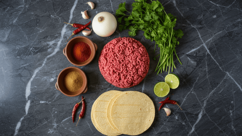 Collage of ground beef, spices, onions, and tortillas