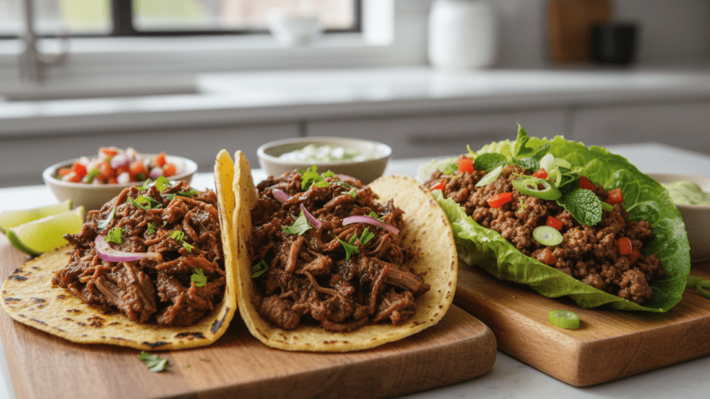 Two types of tacos, one classic and one keto lettuce wrap.