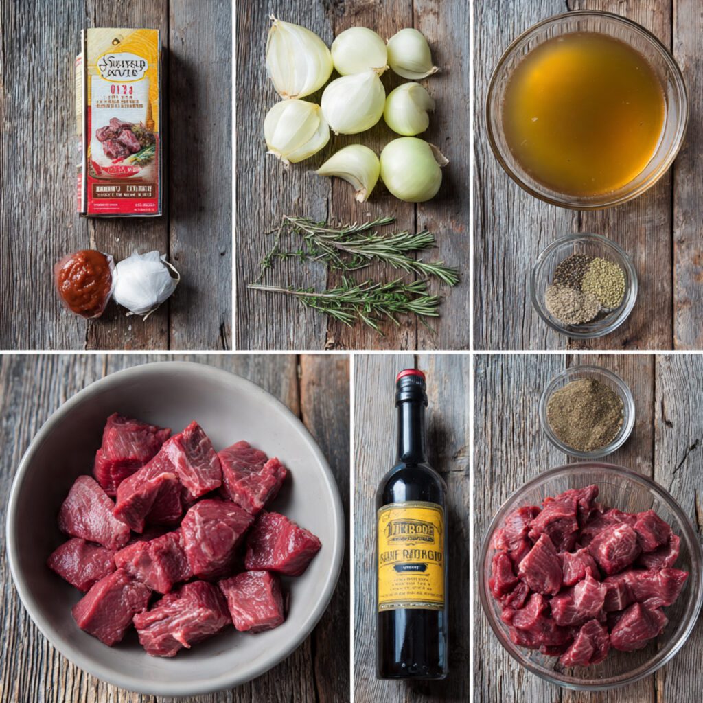 A flat lay collage of raw ingredients: cubed beef tips, sliced onion, beef broth carton, red wine bottle, tomato paste, and bay leaf used for the beef tips recipe.