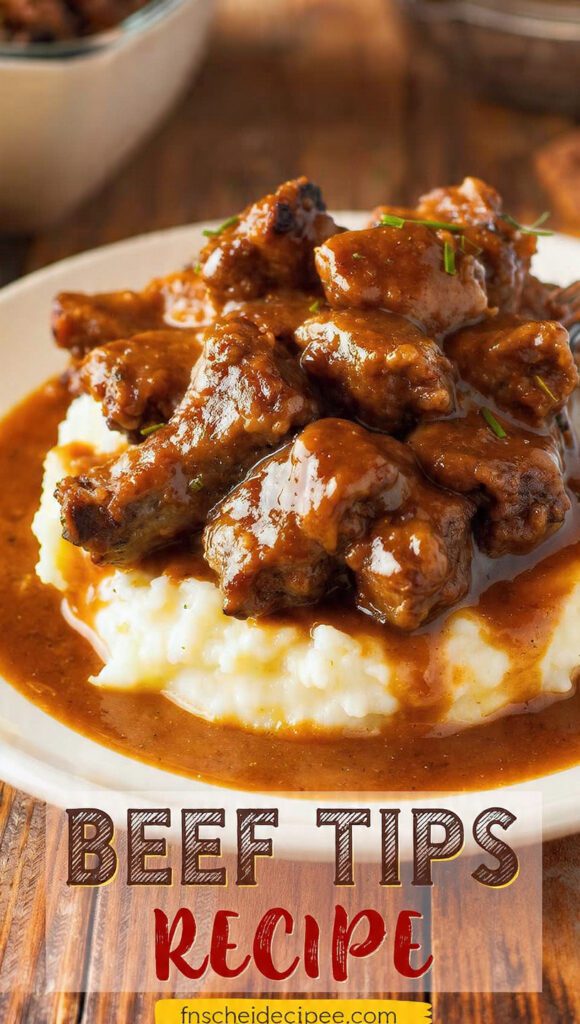 A close-up of tender beef tips smothered in rich, dark brown gravy, served over mashed potatoes, with "BEEF TIPS RECIPE" as a prominent text overlay.