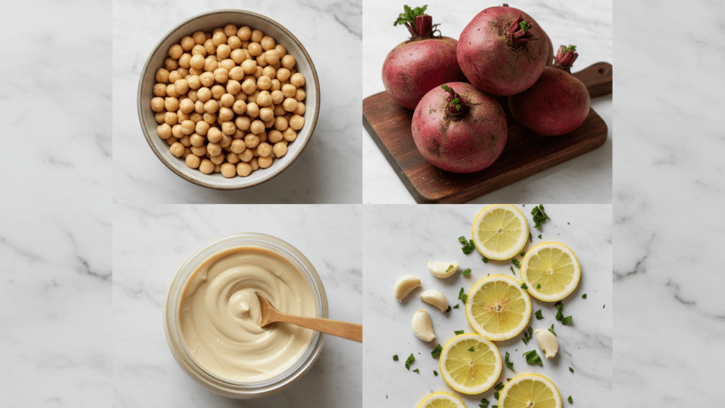 A collage showing chickpeas, cooked beets, tahini, and fresh lemons