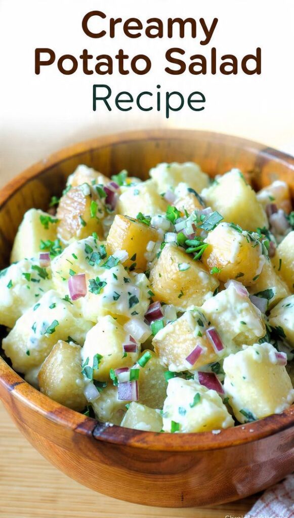 A top-down shot of a large ceramic bowl filled with creamy potato salad topped with smoked paprika and chives.