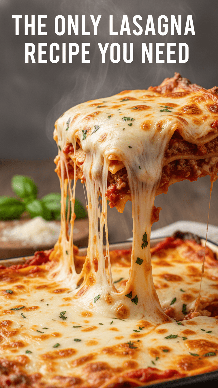 A close up of a perfect square of lasagna showing all the layers of meat and cheese with text overlay LASAGNA RECIPE.