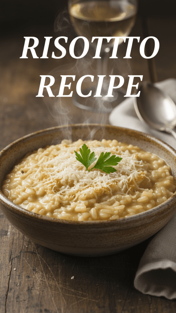 A close up of creamy risotto in a bowl with parmesan and parsley, with the text RISOTTO RECIPE.
