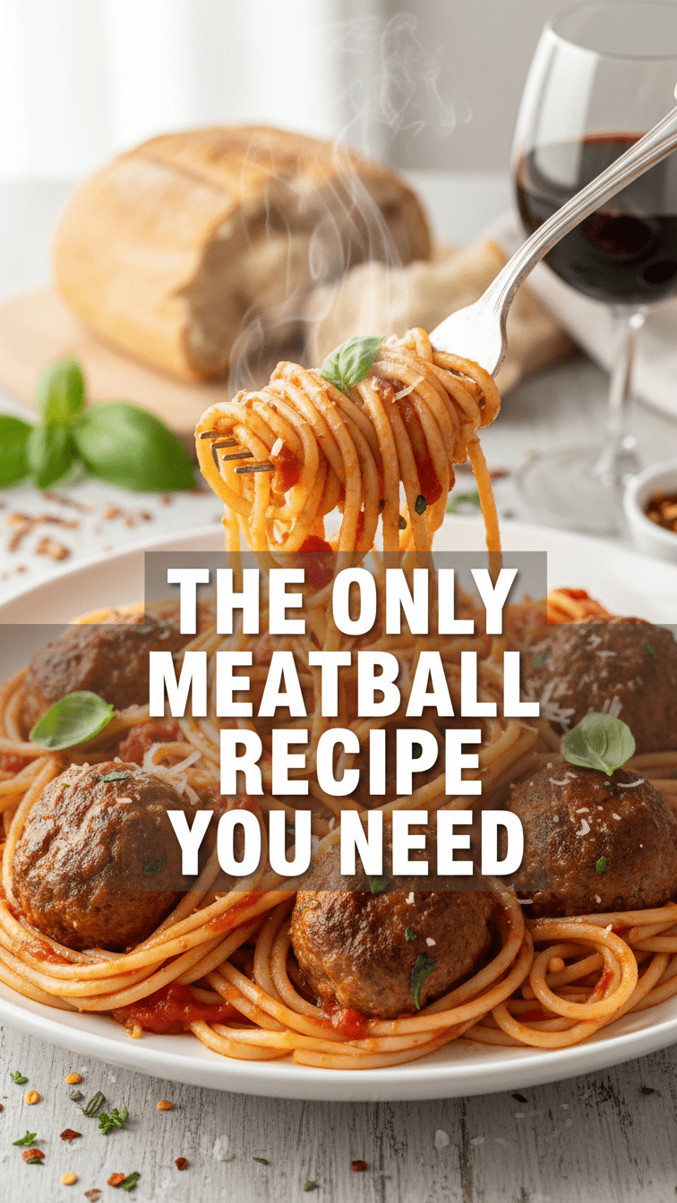 A steaming bowl of spaghetti and meatballs topped with fresh basil and parmesan with the words SPAGHETTI & MEATBALLS.