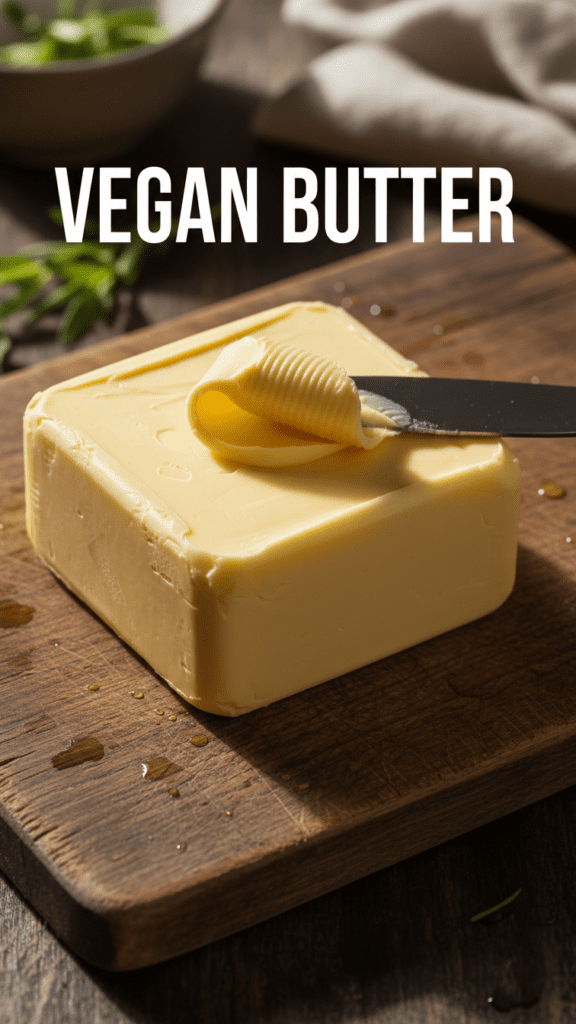 A close up of a golden block of vegan butter on a wooden board with the words VEGAN BUTTER in bold text overlay.