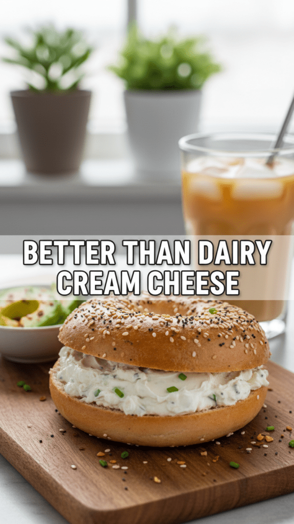 A close up of a bagel with a thick layer of vegan cream cheese and the words VEGAN CREAM CHEESE in bold.