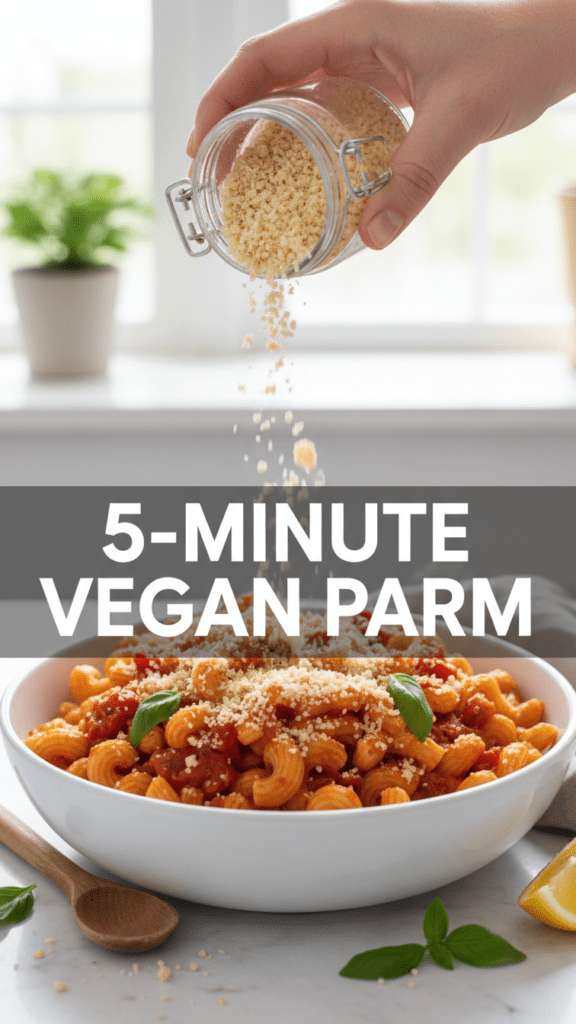 A jar of crumbly vegan parmesan cheese next to a bowl of pasta with the text VEGAN PARMESAN.