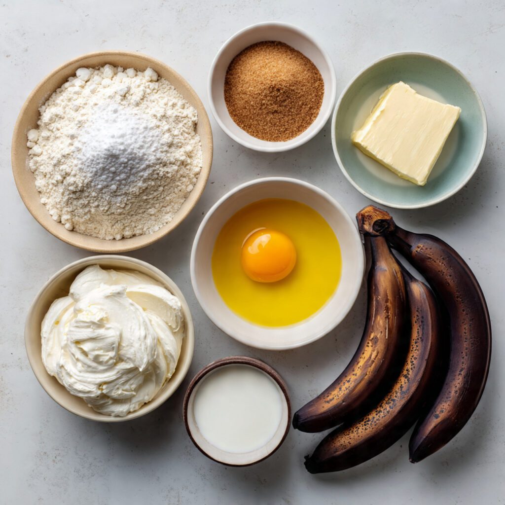 A flat lay collage of all raw ingredients: flour, sugars, egg, melted butter, sour cream, and very dark, ripe bananas used for the banana bread recipe.