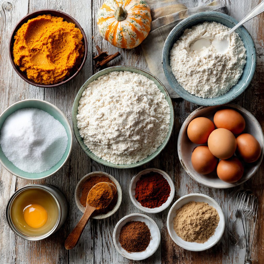 A flat lay collage of all raw ingredients: flour, sugars, eggs, oil, pumpkin puree, and a pile of warming spices used for the pumpkin bread recipe.