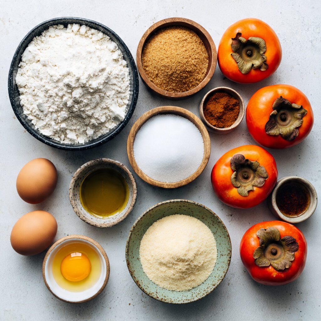 A flat lay collage of all raw ingredients: flour, sugars, egg, oil, spices, and very soft, ripe Hachiya persimmons used for the persimmon bread recipe.
