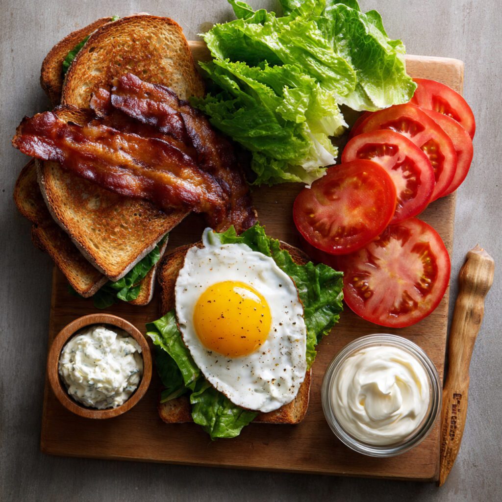 A flat lay collage showing ingredients: sourdough bread, bacon, fried egg, lettuce, tomato, and mayonnaise.