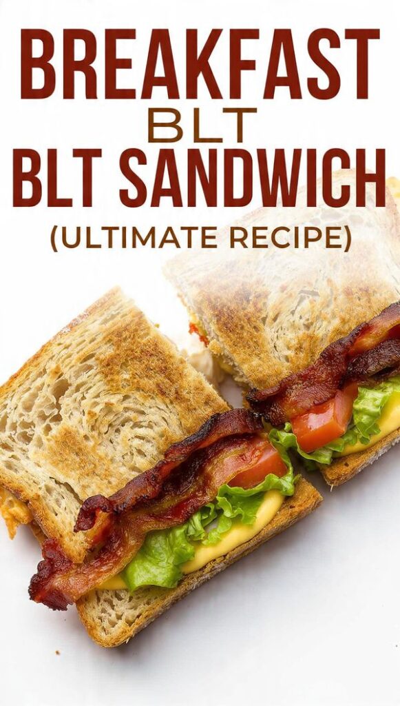 Close-up of a stacked breakfast BLT sandwich, cut diagonally, showing the runny yolk.