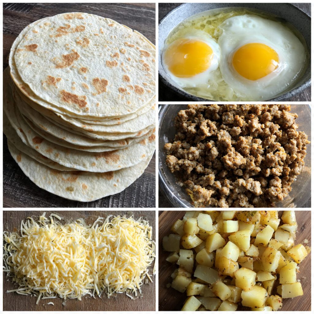 A collage showing the raw ingredients: large flour tortillas, whisked eggs, crumbled cooked sausage, diced potatoes/hash browns, and shredded cheese.