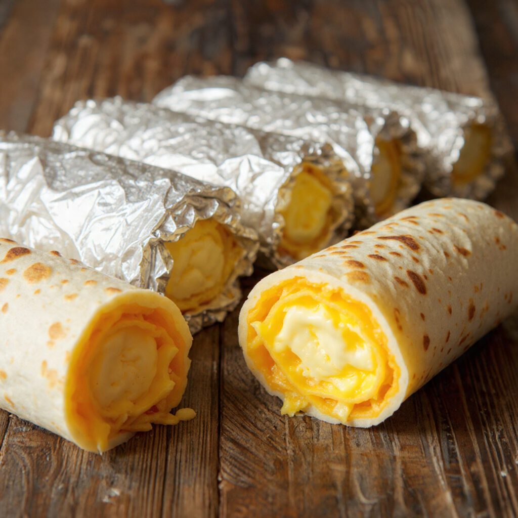 Two servings of the burritos. One is a wide shot of several foil-wrapped burritos lined up for freezing. The other is an extreme close-up of a reheated burrito cut in half, showing the moist, creamy egg/cheese texture and the toasted exterior.