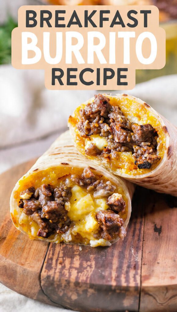 A close-up shot of two perfectly wrapped Breakfast Burritos, sliced in half diagonally to expose the dense layers of eggs, cheese, potatoes, and meat, with salsa on the side. The text overlay reads: "BREAKFAST BURRITO RECIPE".
