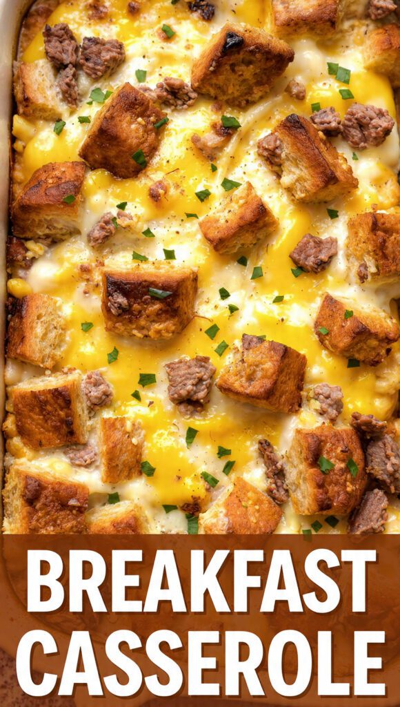 Overhead close-up shot of a 9x13 baking dish filled with a golden-brown Breakfast Casserole, showing the melted cheese, savory meat, and fluffy baked egg/bread texture, garnished with fresh parsley. The text overlay reads: "BREAKFAST CASSEROLE"