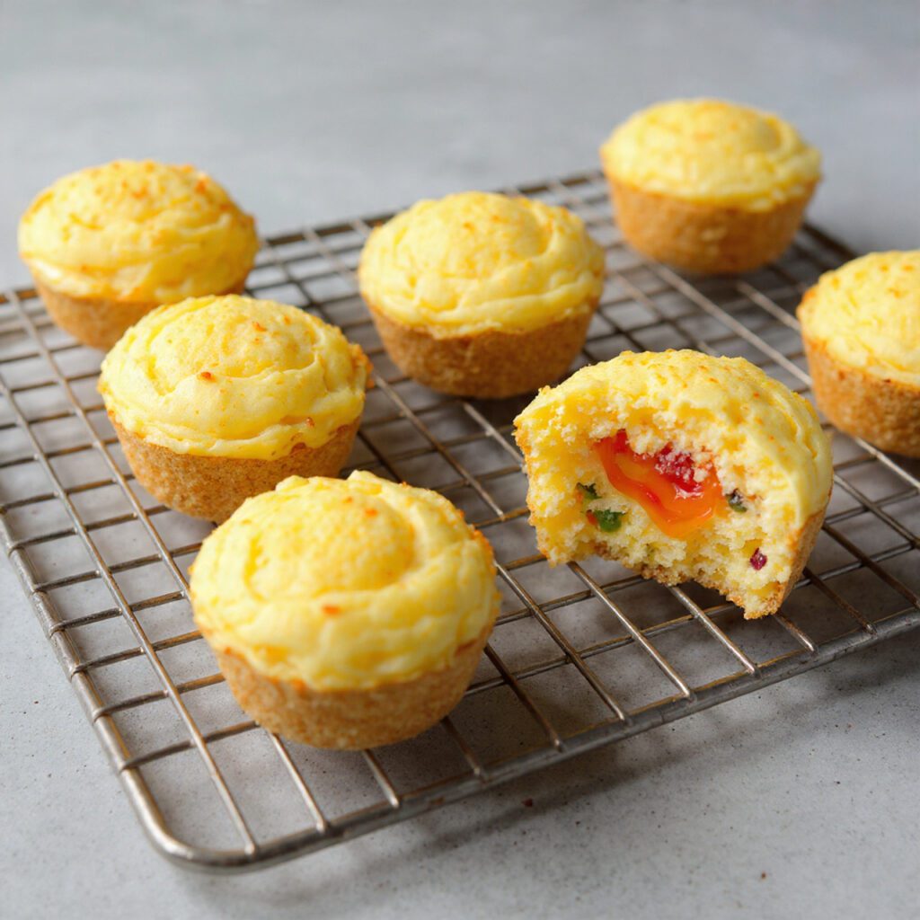 Two servings of the muffins. One is a wide shot of a tray of egg muffins cooling on a wire rack. The other is an extreme close-up of a single egg muffin, sliced in half, showing the fluffy, airy internal texture and the colorful fillings.