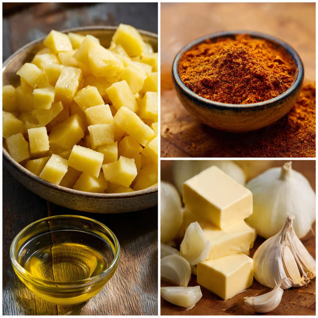 A collage showing the raw ingredients: diced Yukon Gold potatoes, diced yellow onion, garlic cloves, smoked paprika, and a small bowl of oil and butter.