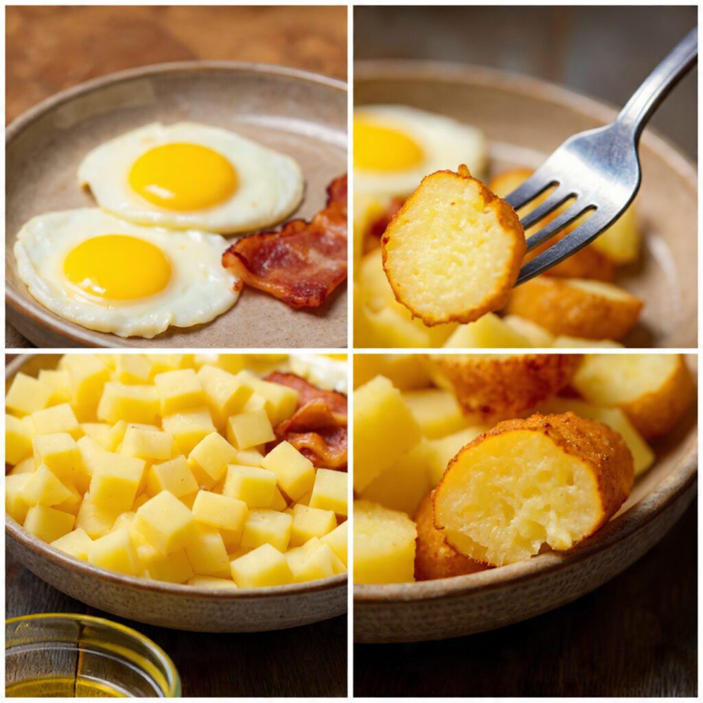 Two servings of the potatoes. One is a wide shot of a full breakfast plate with the crispy potatoes, scrambled eggs, and bacon. The other is an extreme close-up of a fork lifting a piece of the potato, showing the crunchy, golden-brown crust and the soft, fluffy interior.