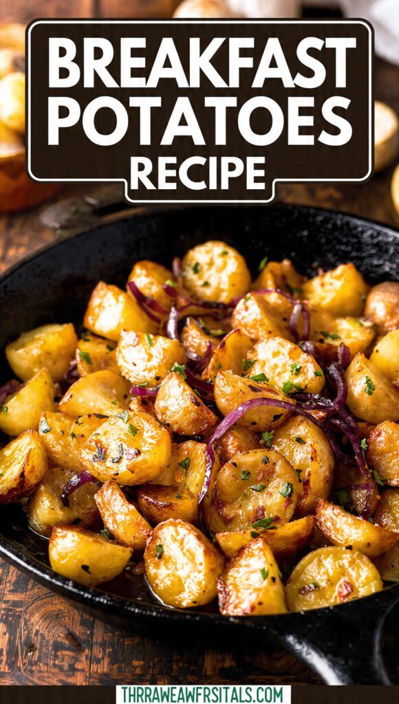 A close-up shot of a cast iron skillet filled with golden-brown, crispy Breakfast Potatoes, seasoned with paprika and herbs, with visible diced onions. The potatoes show a clear, crunchy exterior. The text overlay reads: "BREAKFAST POTATOES RECIPE"