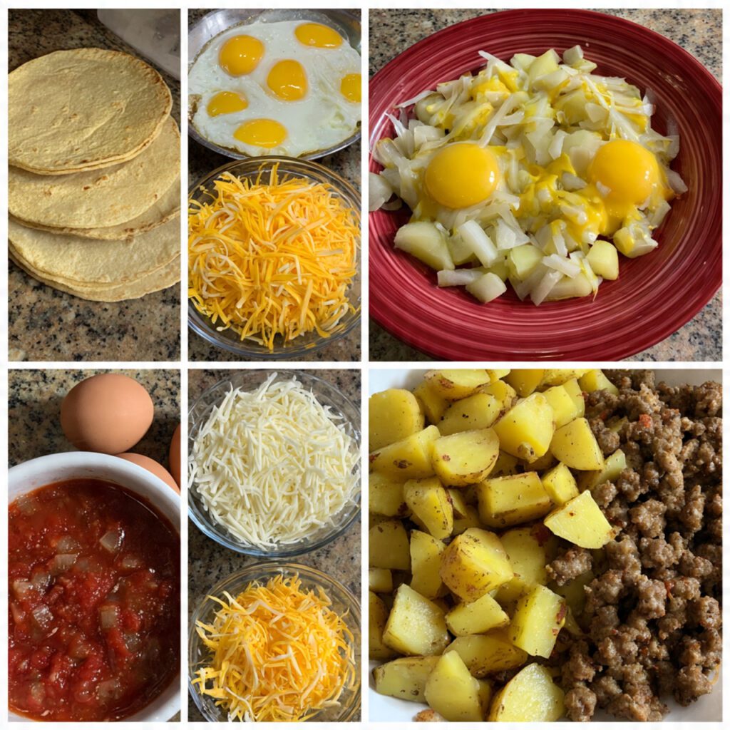 A collage showing the raw ingredients: corn tortillas, whisked eggs, crumbled cooked sausage, diced potatoes, shredded cheese, and a bowl of salsa.