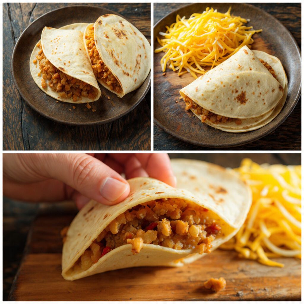 Two servings of the tacos. One is a wide shot of a plate with two tacos and a side of hash browns. The other is an extreme close-up of a hand lifting a loaded taco, showing the warm, pliable tortilla and the dense, savory filling layers.