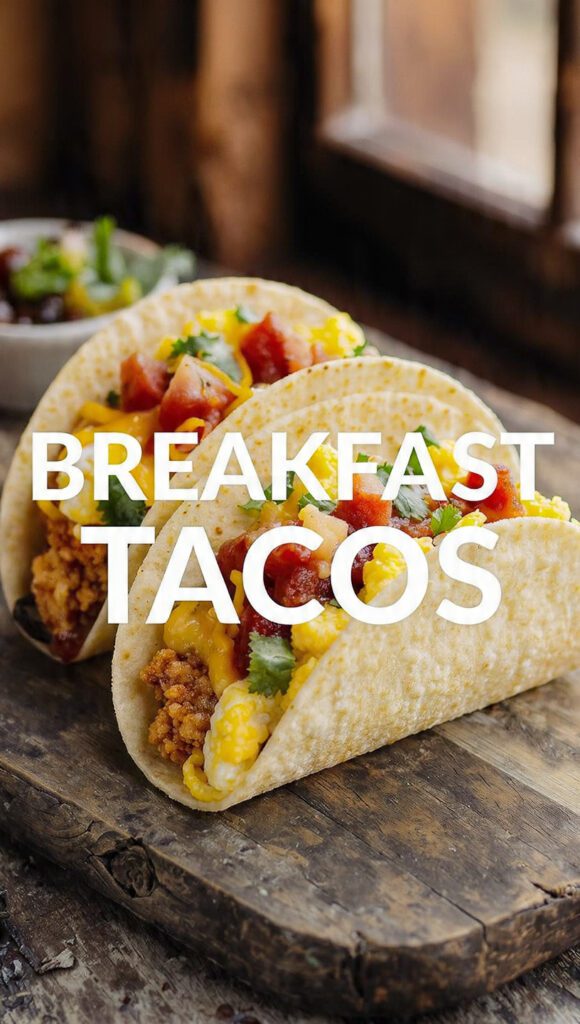 A close-up shot of two fully loaded Breakfast Tacos on a wooden board, showing fluffy scrambled eggs, cheese, meat, and a drizzle of spicy sauce, garnished with cilantro. The text overlay reads: "BREAKFAST TACOS".