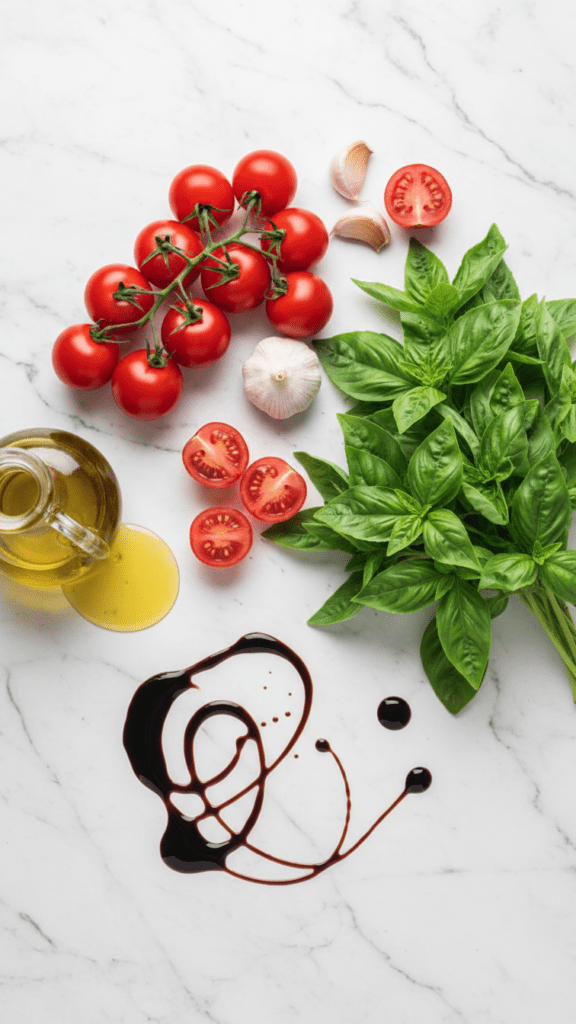 A collage of tomatoes, fresh basil, garlic, olive oil, and balsamic glaze.