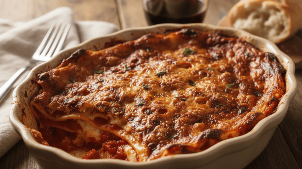 Two separate variants: One shows a wide shot of a golden-brown lasagna in a ceramic baking dish with bubbling red sauce. The second is a macro close-up of the crispy, charred cheese on the corner of the pan. Warm, inviting lighting, high fidelity.