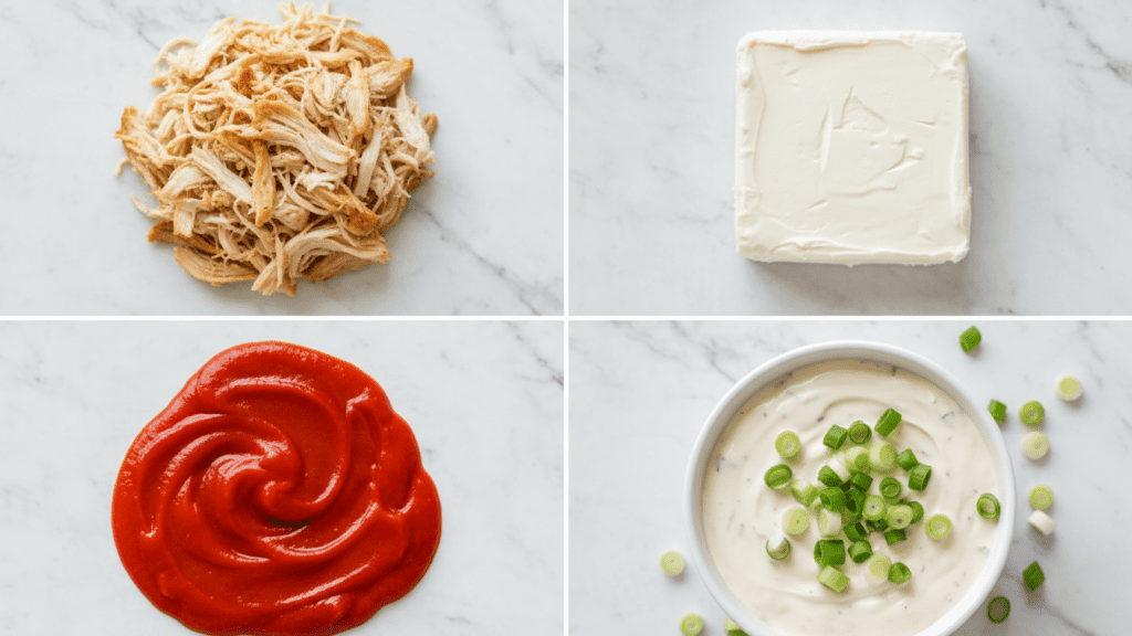 A collage showing shredded chicken, cream cheese, buffalo sauce, and ranch dressing.