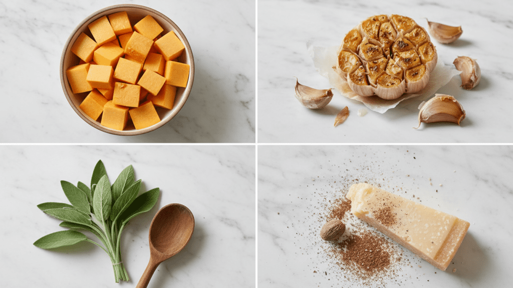 A collage showing raw butternut squash cubes, a head of garlic, fresh sage leaves, and parmesan cheese