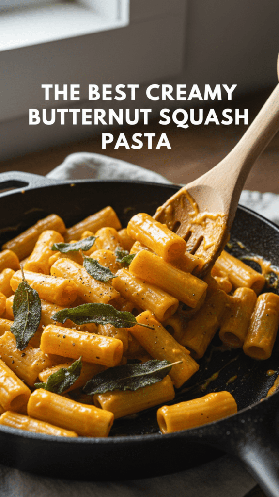 A close-up shot of creamy butternut squash pasta sauce being tossed with rigatoni and crispy sage with a text overlay.