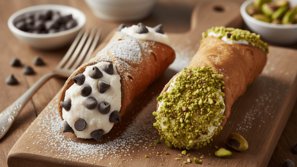 Two different versions of cannoli including a chocolate chip and pistachio option.