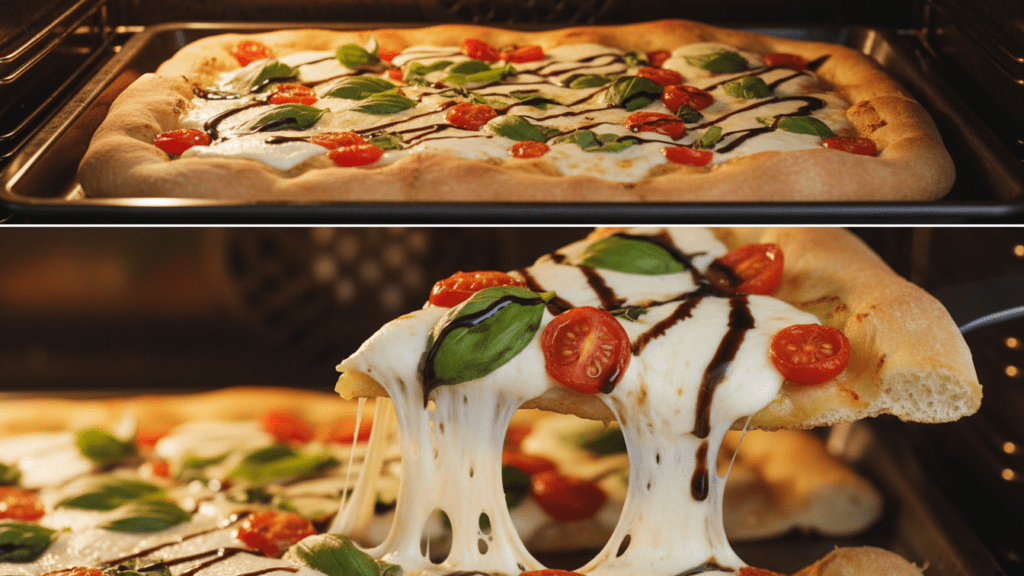 A split image showing the flatbread in the oven and a macro close-up of the melted cheese.