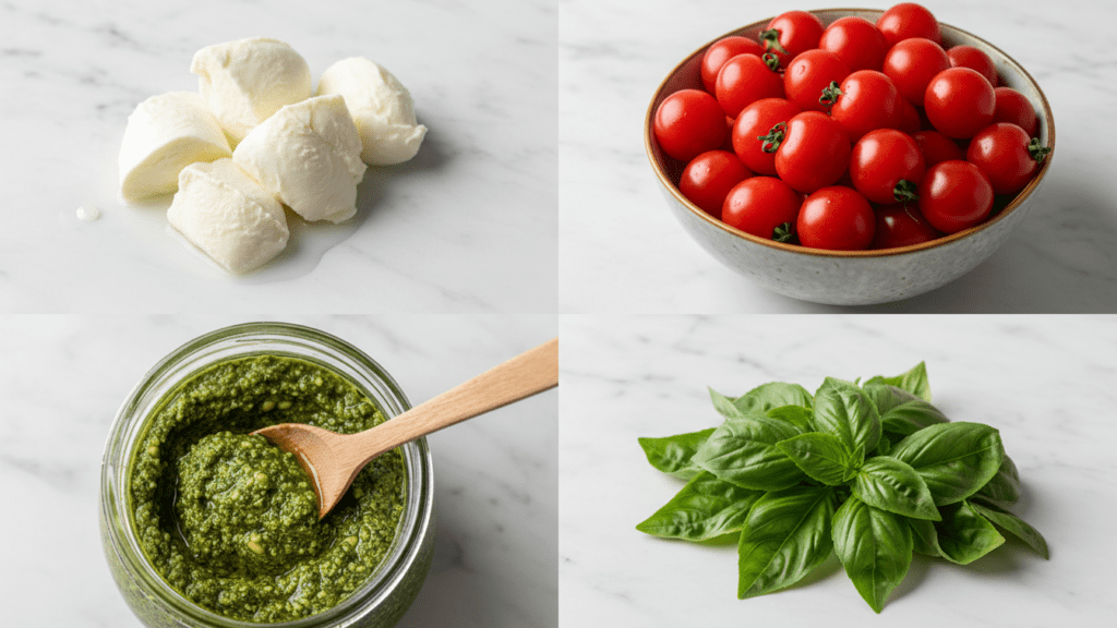 A collage showing fresh mozzarella, cherry tomatoes, pesto, and fresh basil.