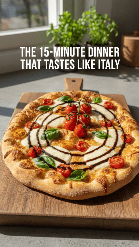 A top-down shot of a golden-brown caprese flatbread with balsamic drizzle and a bold text overlay.