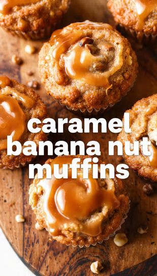 Close-up of a perfectly baked caramel banana nut muffin with a domed top and visible caramel drizzle, featuring the recipe title text overlay.