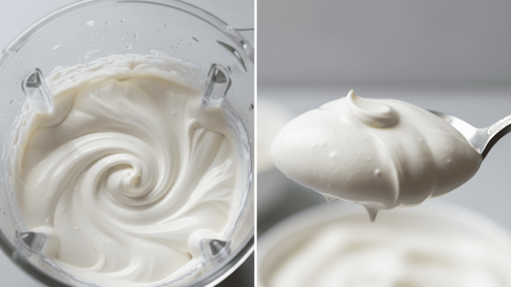 A close-up of a high-speed blender swirling thick white cashew cream.