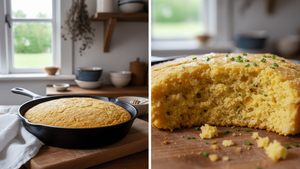 Close up of gluten-free cornbread baked in a cast iron skillet.