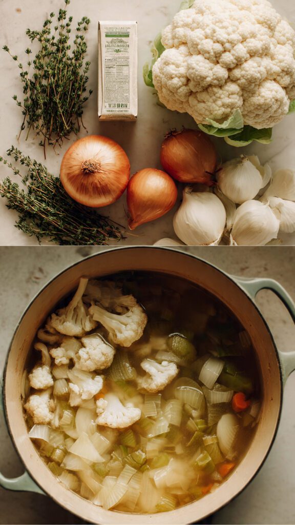 Collage of key ingredients for creamy cauliflower soup including fresh cauliflower, vegetable broth, onion, and garlic.