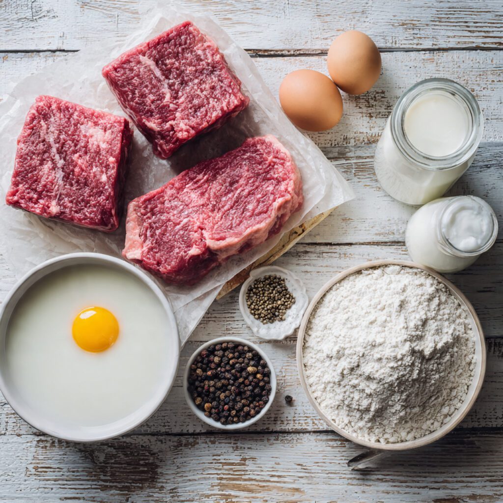 A flat lay collage of raw ingredients: cubed steak, buttermilk in a bowl, eggs, flour, and black pepper, used for the chicken fried steak recipe.