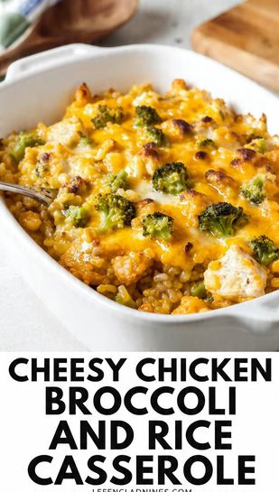 Close-up of baked chicken broccoli rice casserole with a golden, bubbly cheese crust.