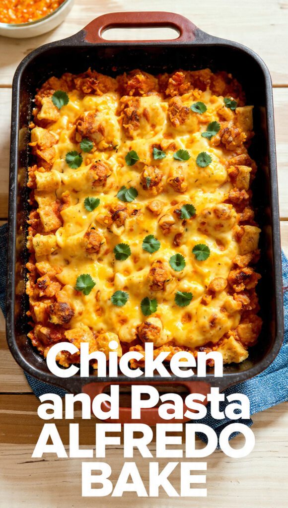 A close-up of a bubbling, golden-brown casserole dish of chicken and pasta alfredo bake with "CHICKEN AND PASTA ALFREDO BAKE" in a prominent text overlay.