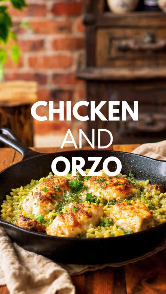 Vertical photo of a one-pan lemon herb chicken and orzo dish with a text overlay of the recipe name.