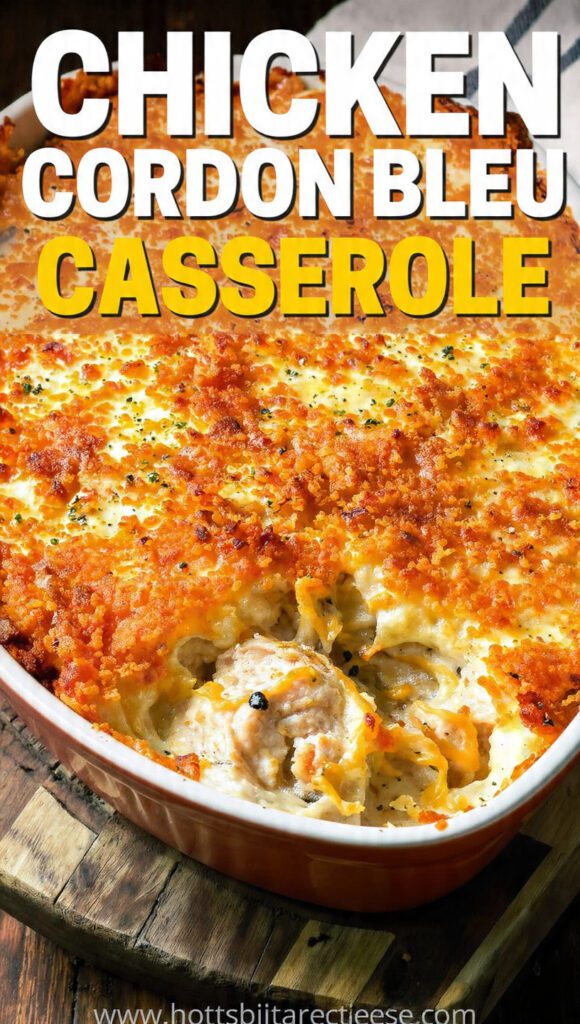 Close-up of a bubbly, golden-brown chicken cordon bleu casserole in a dish with "CHICKEN CORDON BLEU CASSEROLE" in bold text overlay.