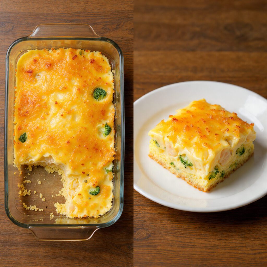 A 9x13 inch baking dish of chicken divan casserole. A single serving is cut out and shown close-up on a plate, highlighting the creamy sauce and broccoli.