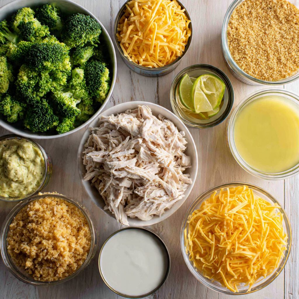A flat lay collage showing ingredients: shredded cooked chicken, frozen broccoli, condensed soup, mayonnaise, shredded cheddar, and lemon.