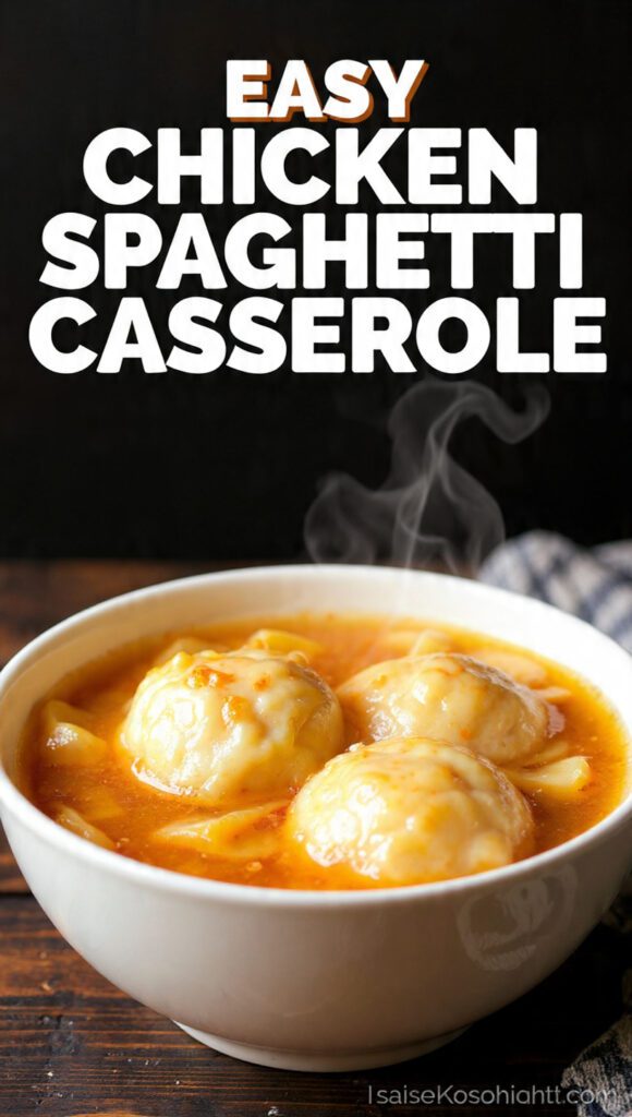 A close-up of a steaming bowl of chicken and dumpling soup with fluffy dumplings and "CHICKEN AND DUMPLING SOUP" in a prominent text overlay