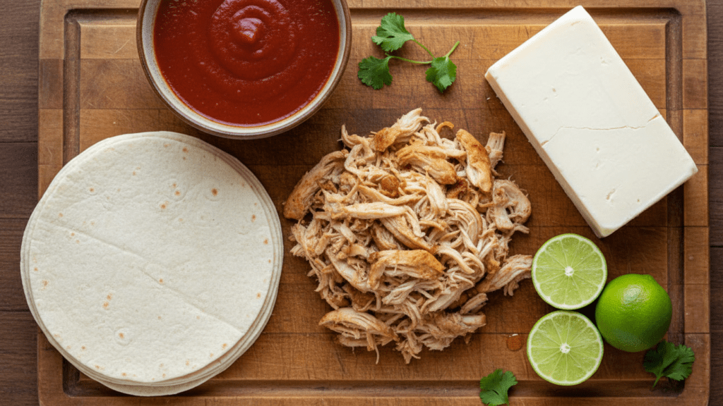 Collage of chicken, tortillas, cheese, and enchilada sauce